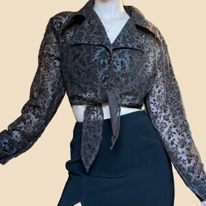 Brown floral burnout cropped tie blouse